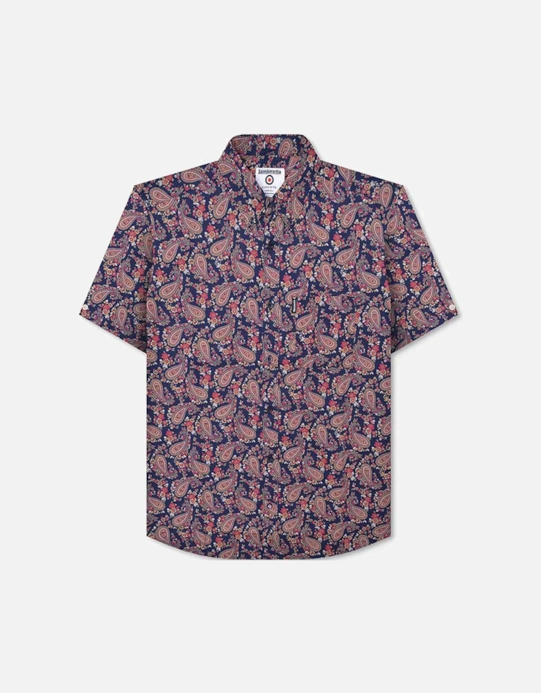 Mens Paisley Short Sleeve Button Down Collar Cotton Shirt - Navy