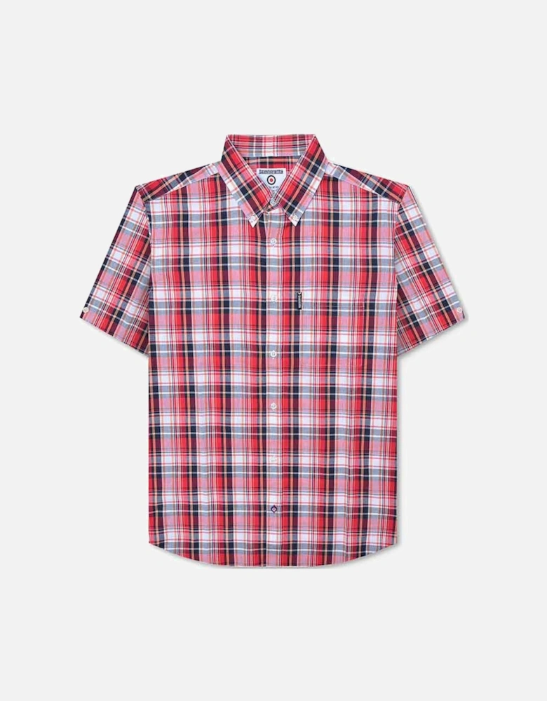 Mens Multi Check Short Sleeve Button Down Collar Shirt - Red/White