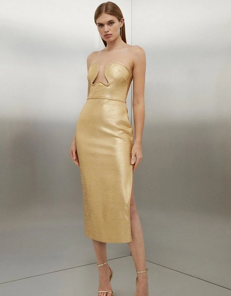 Foiled Figure Form Bandage Corset Detail Knit Midi Dress