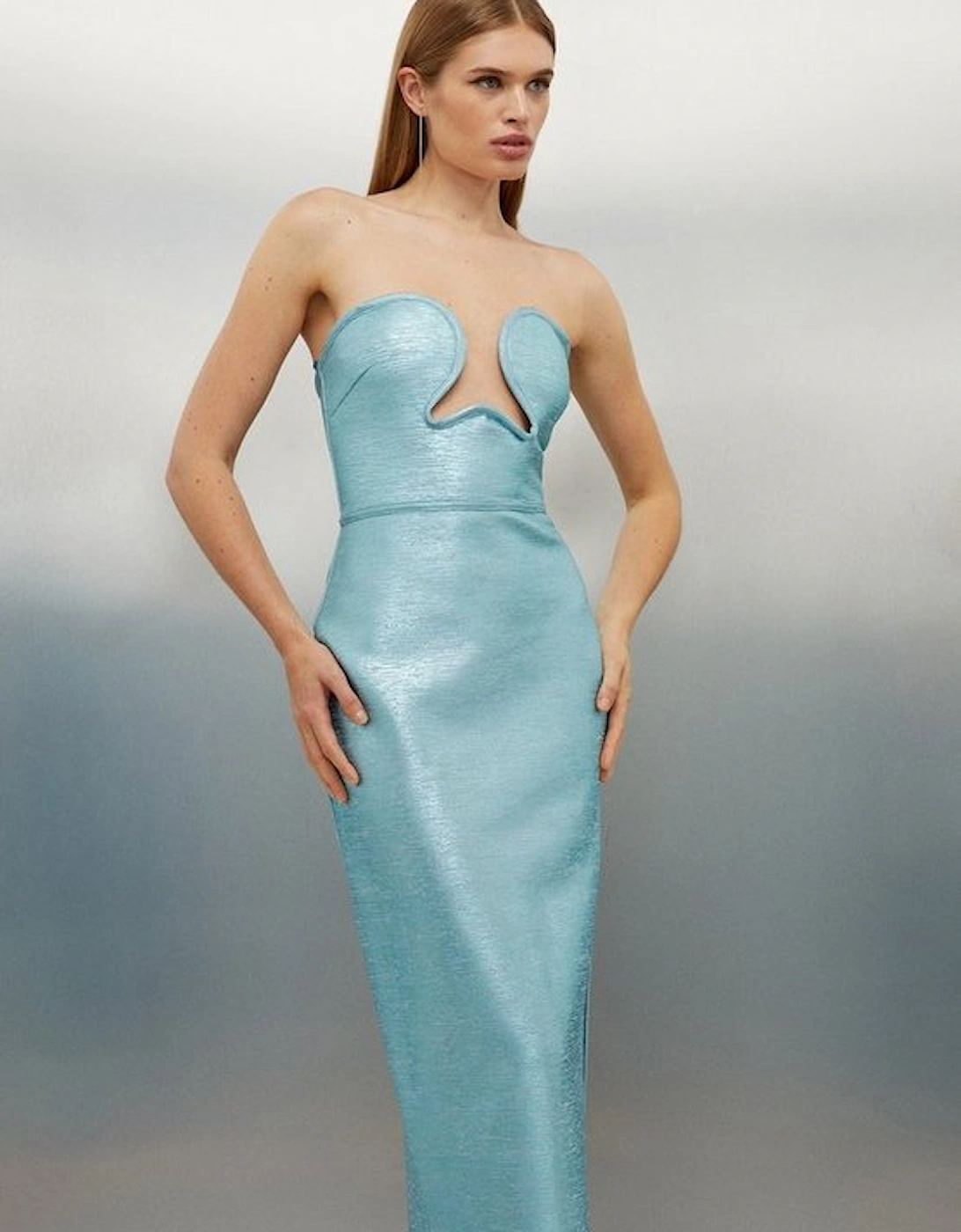 Petite Foiled Figure Form Bandage Corset Detail Knit Midi Dress