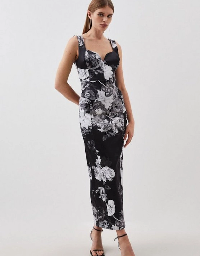Italian Structured Satin Floral Bloom Printed Pencil Dress