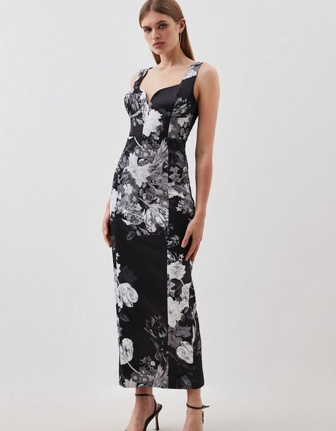 Italian Structured Satin Floral Bloom Printed Pencil Dress