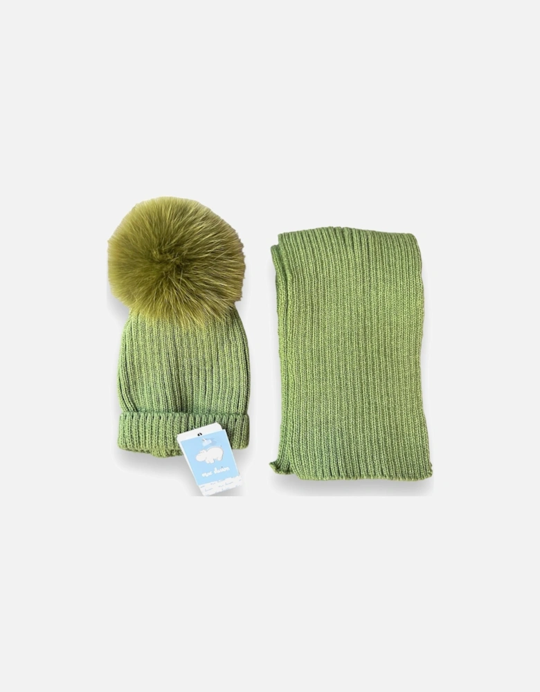 Olive Synthetic Fur Hat and Scarf