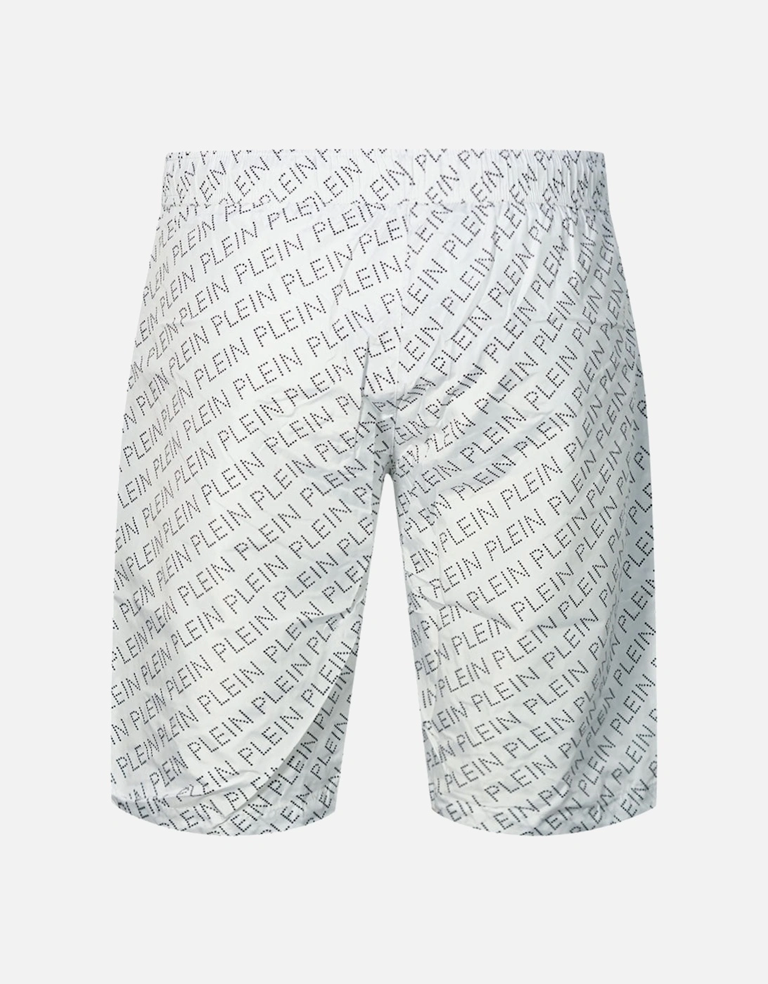 Repetitive Logo Long White Swim Shorts