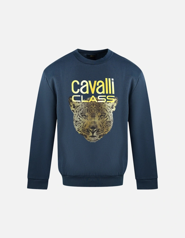Cavalli Class Leopard Print Logo Navy Blue Jumper