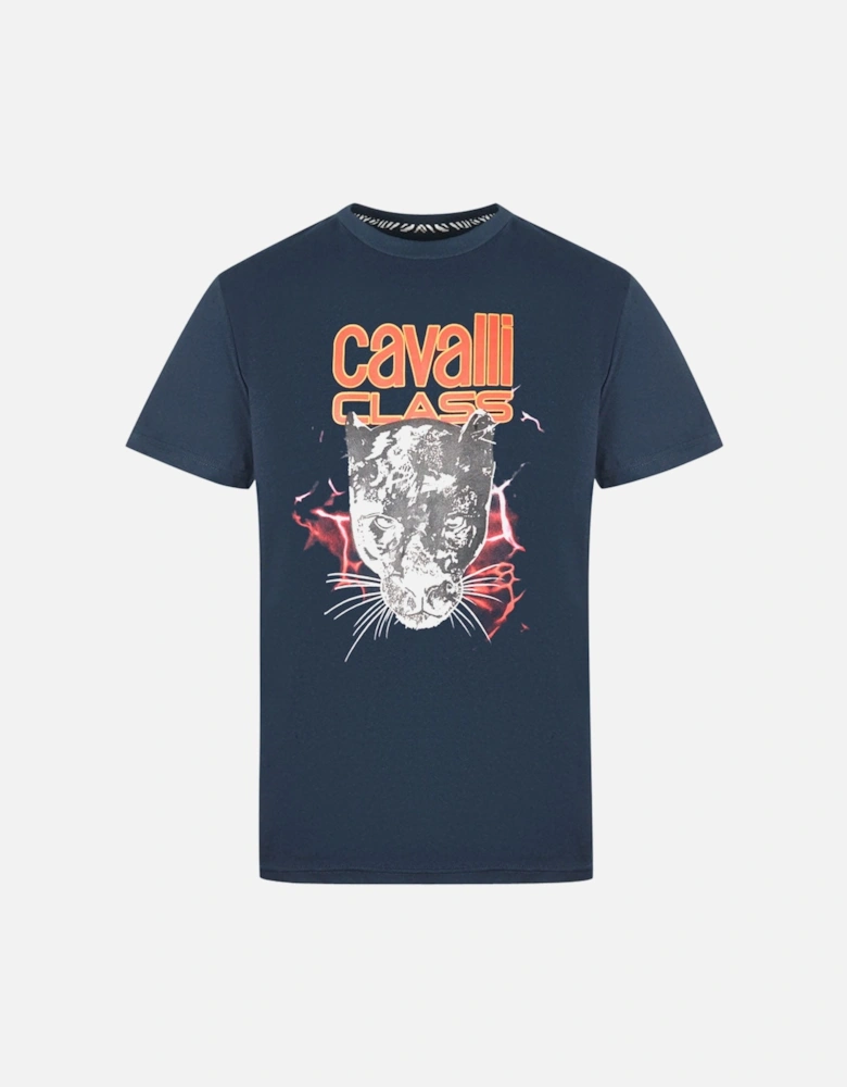 Cavalli Class Lightning Panther Design Navy T-Shirt
