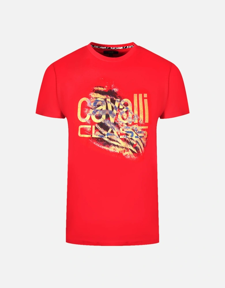 Cavalli Class Slashed Tiger Print Bold Logo Red T-Shirt