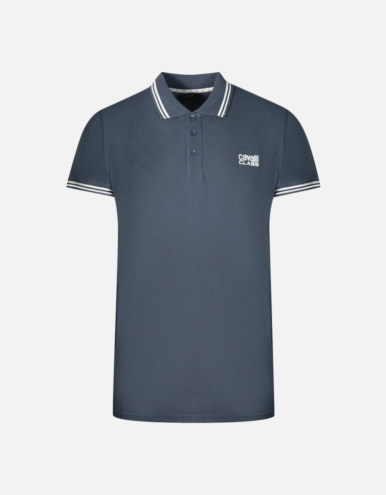 Cavalli Class Twinned Tipped Collar Black Logo Navy Blue Polo Shirt