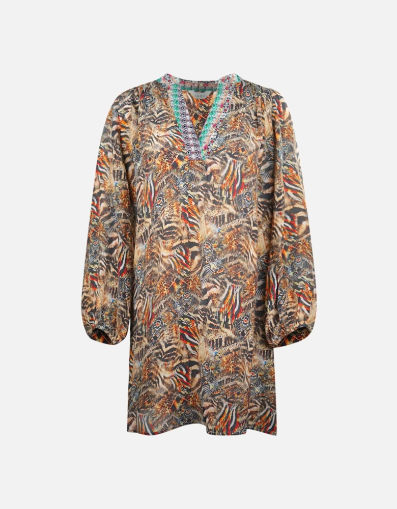 Golden Eagle Brown Long Sleeve Silk V-Neck Dress
