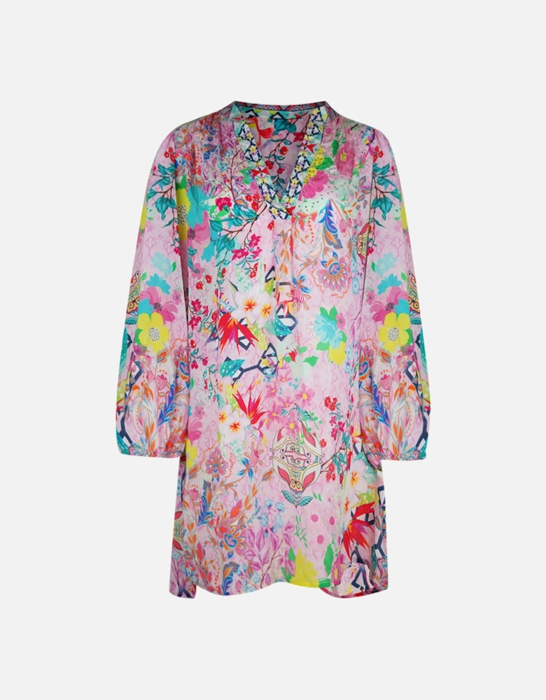 Keukenhof Pink Long Sleeve Silk V-Neck Dress