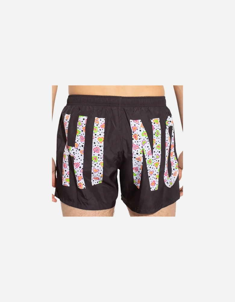 Large Heart Polka Dot Printed Logo Black Swim Shorts