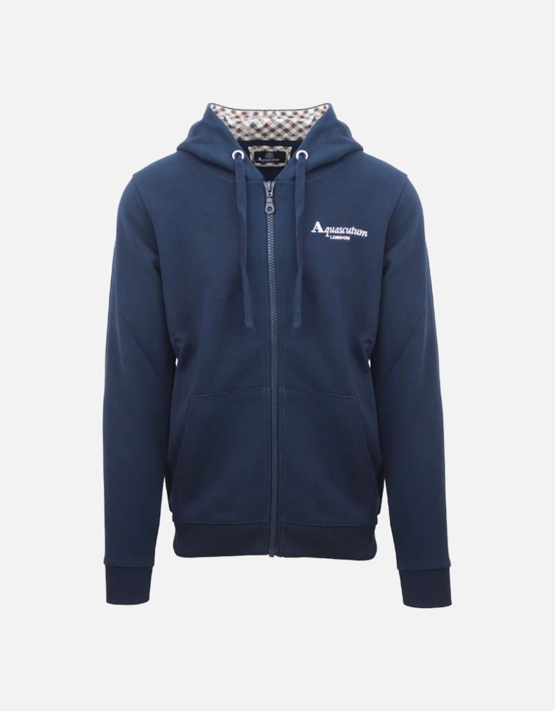 London Embossed Signature Logo Navy Blue Zip-Up Hoodie