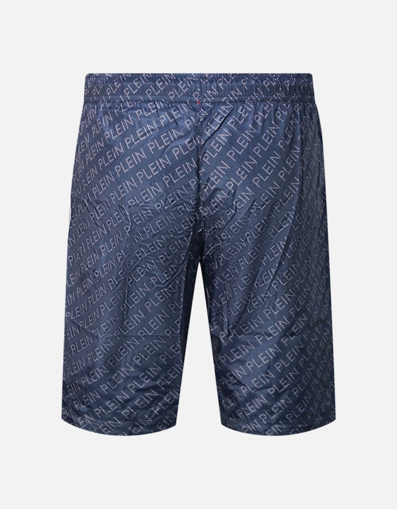 Repetitive Logo Long Navy Swim Shorts