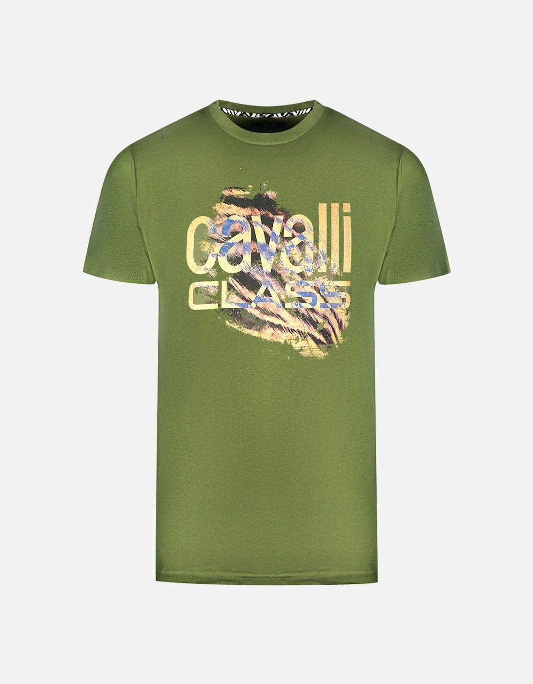 Cavalli Class Slashed Tiger Print Bold Logo Green T-Shirt, 3 of 2