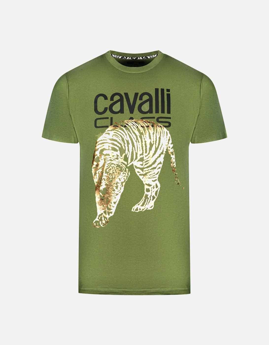Cavalli Class Large Gold Tiger Stencil Logo Green T-Shirt, 3 of 2