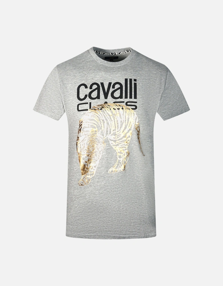 Cavalli Class Large Gold Tiger Stencil Logo Grey T-Shirt