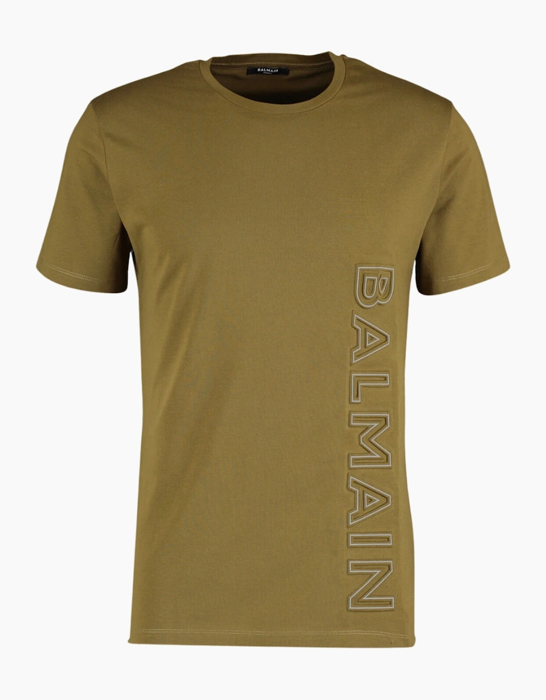 Balmain Men's Balmain Brand Embossed Logo Khaki Green T Shirt - Tan