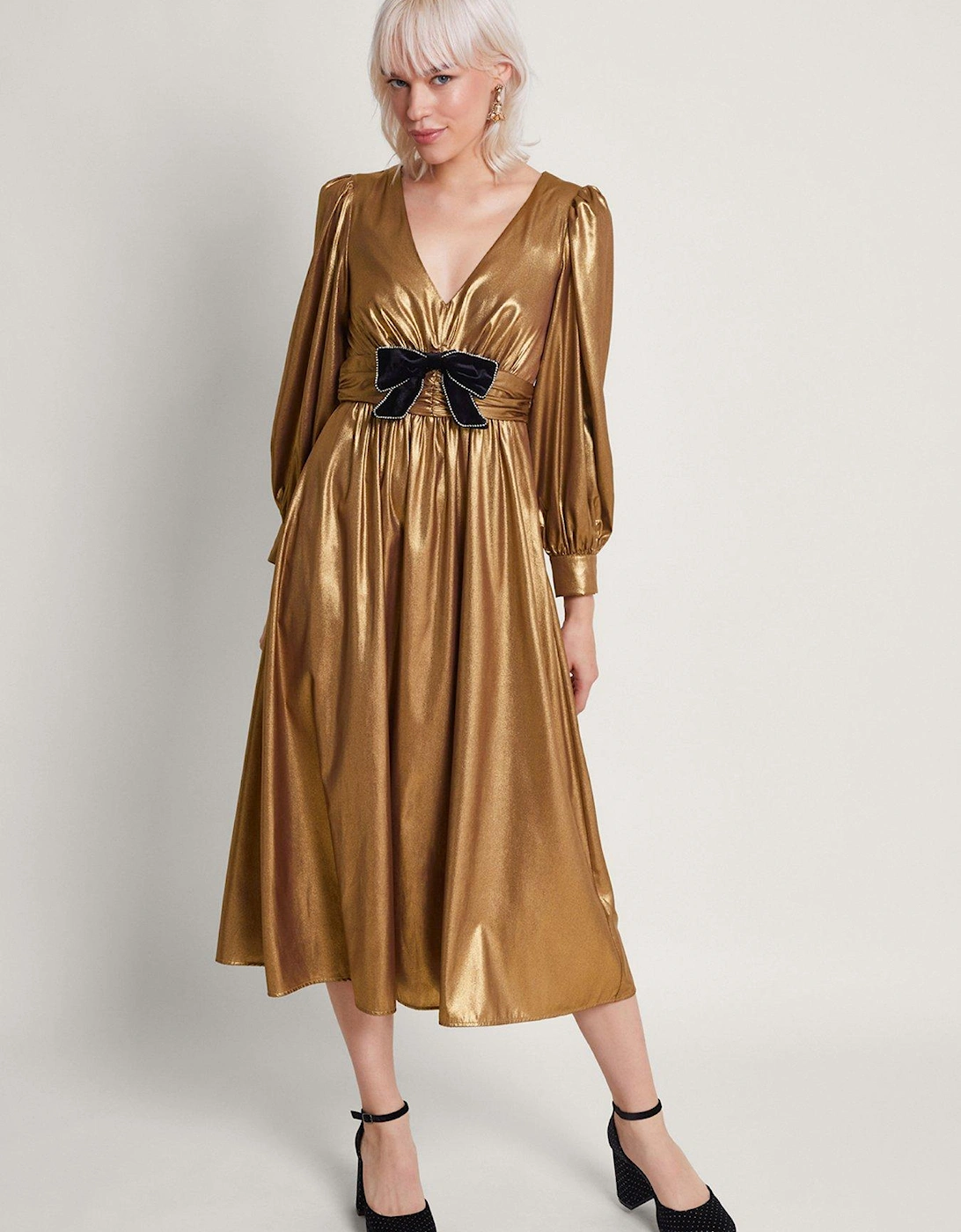 Gracie Bow Midi Dress - Gold, 2 of 1