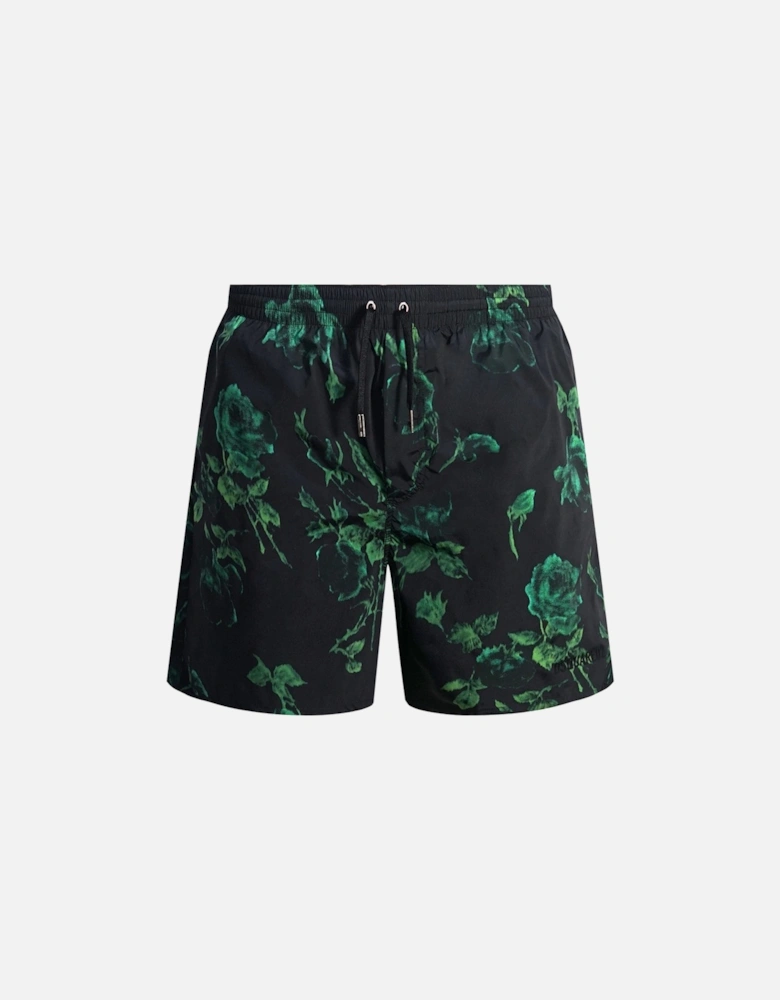 Green Floral All-Over Design Black Swim Shorts