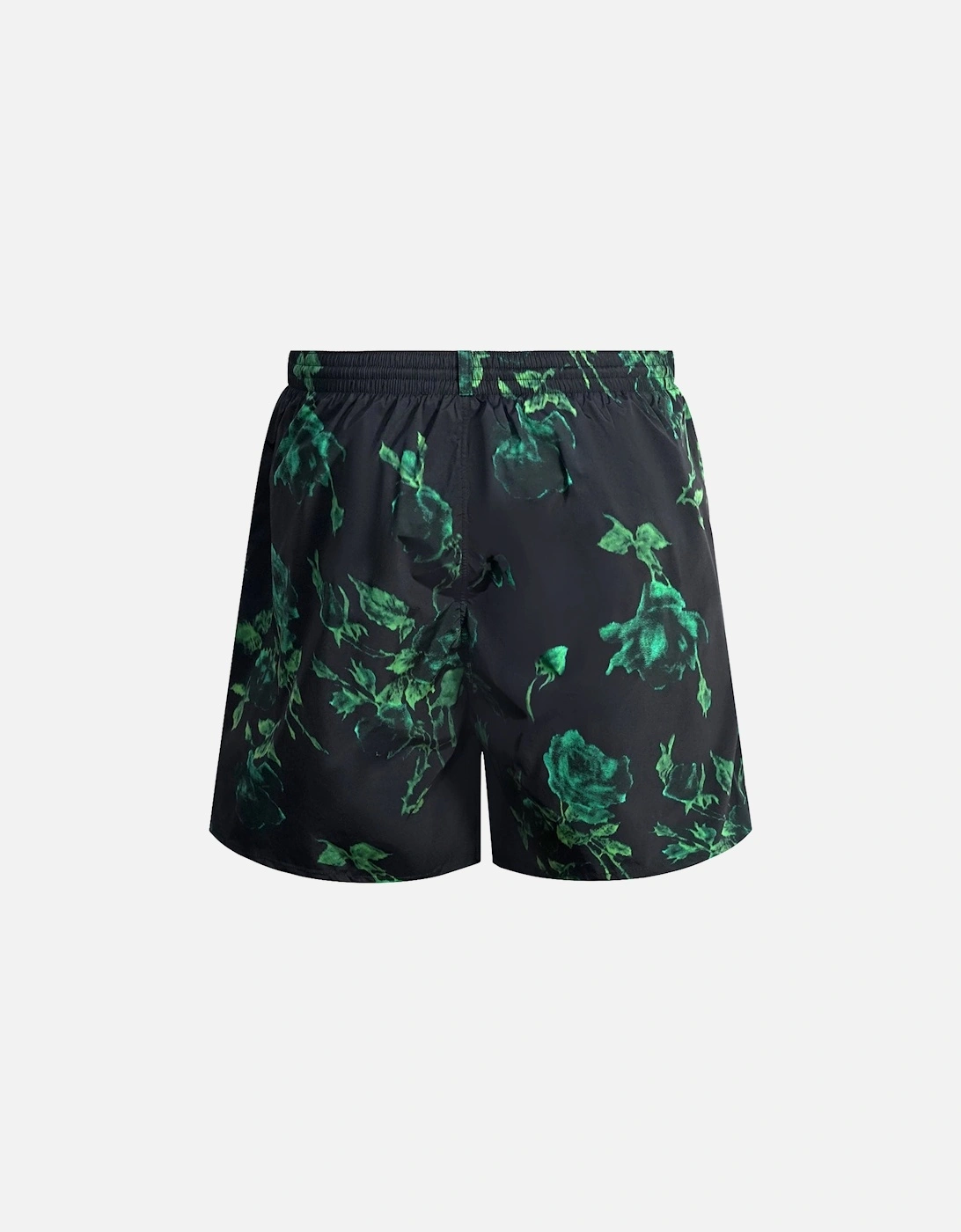 Green Floral All-Over Design Black Swim Shorts