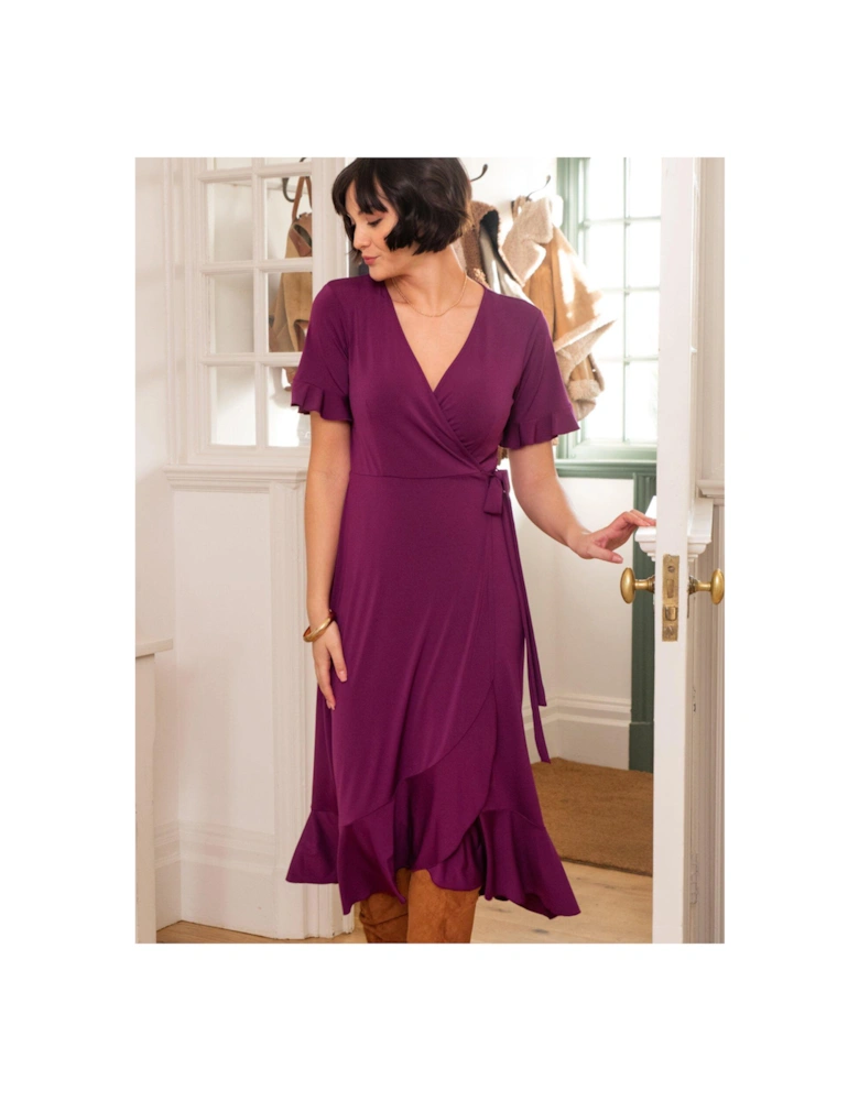 Megan Slinky Recycled Jersey Frill Detail Midi Wrap Dress - Dark Purple