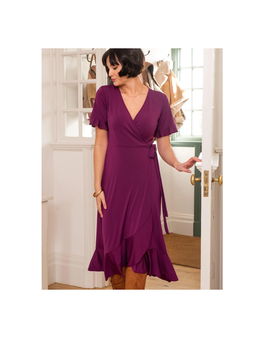 Megan Slinky Recycled Jersey Frill Detail Midi Wrap Dress - Dark Purple, 2 of 1