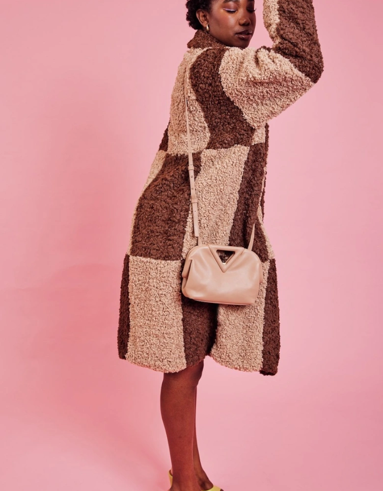 Checkered Chocolate and Mocha Faux Shearling Coat