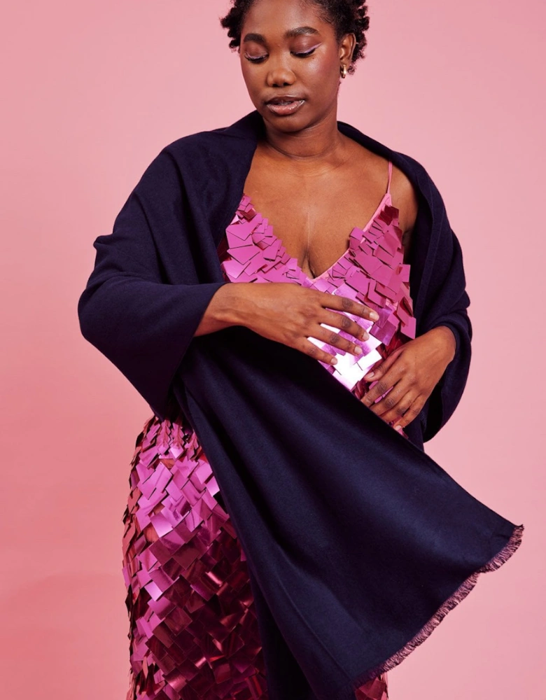 Cashmere Blend Wrap in blue with Fringed hem and Logo