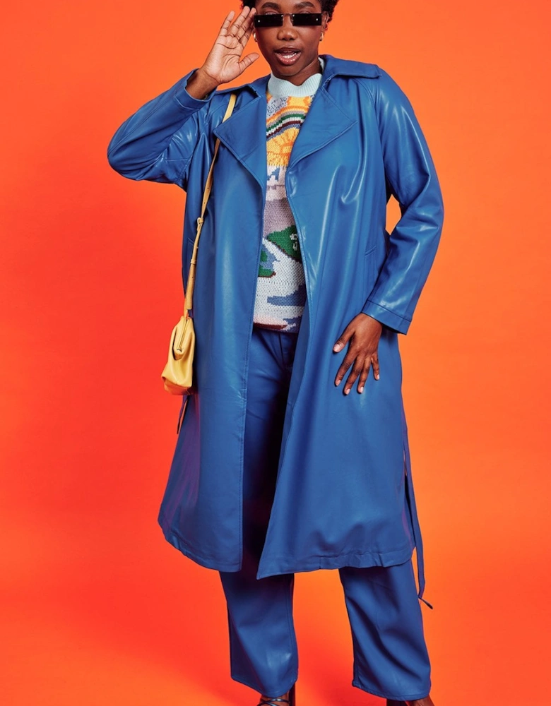 Eco Leather Blue Trench Coat
