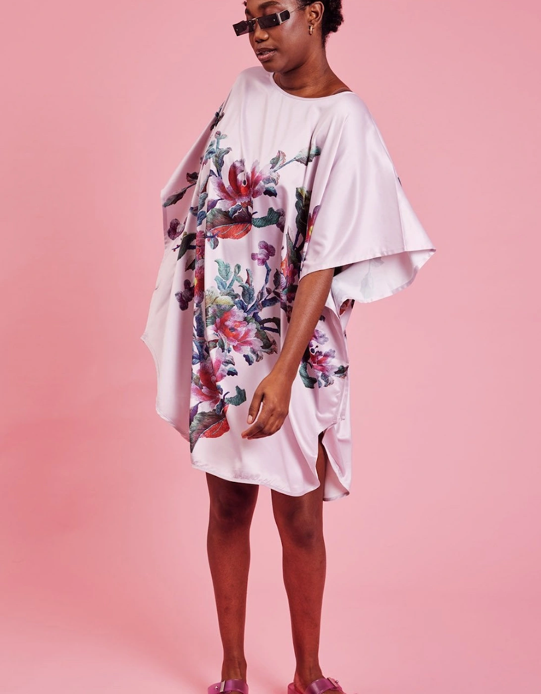 Pink Silk Blend Digital Print Kimono Dress