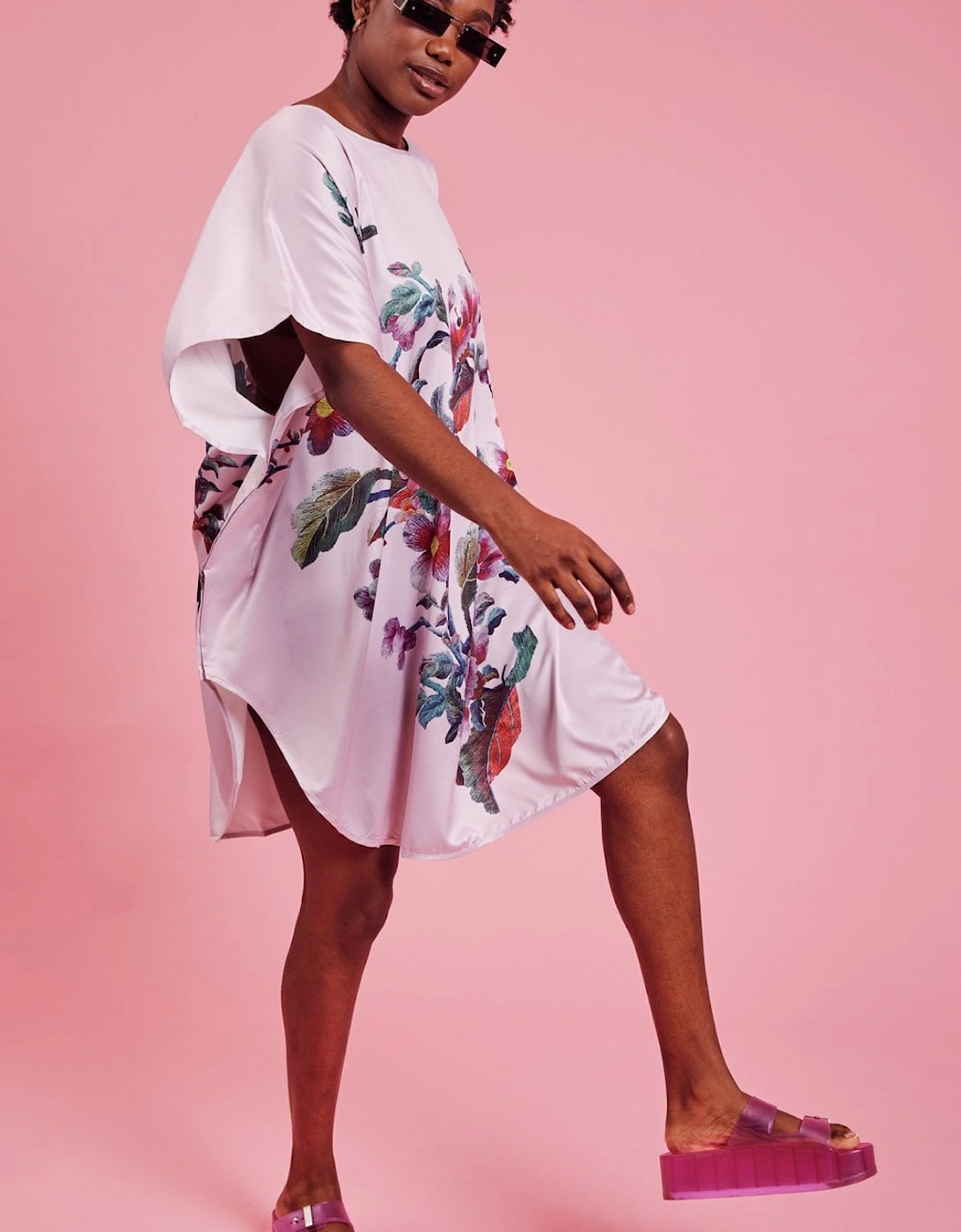 Pink Silk Blend Digital Print Kimono Dress