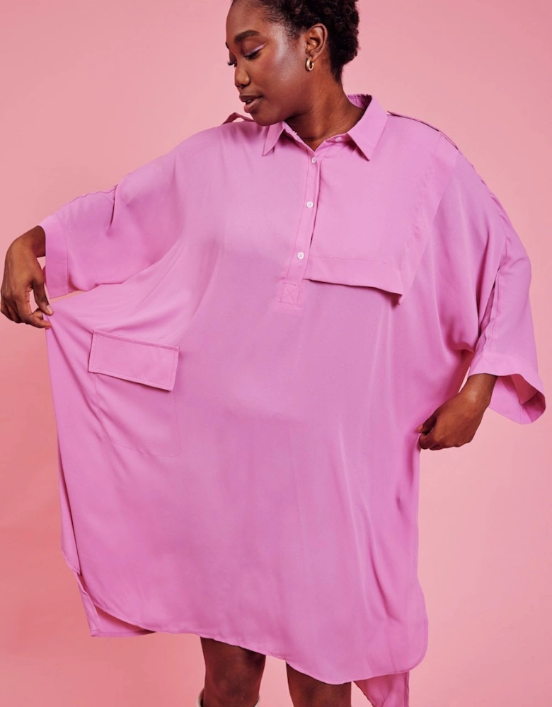 Oversized Pink Silk Blend Shirt Dress