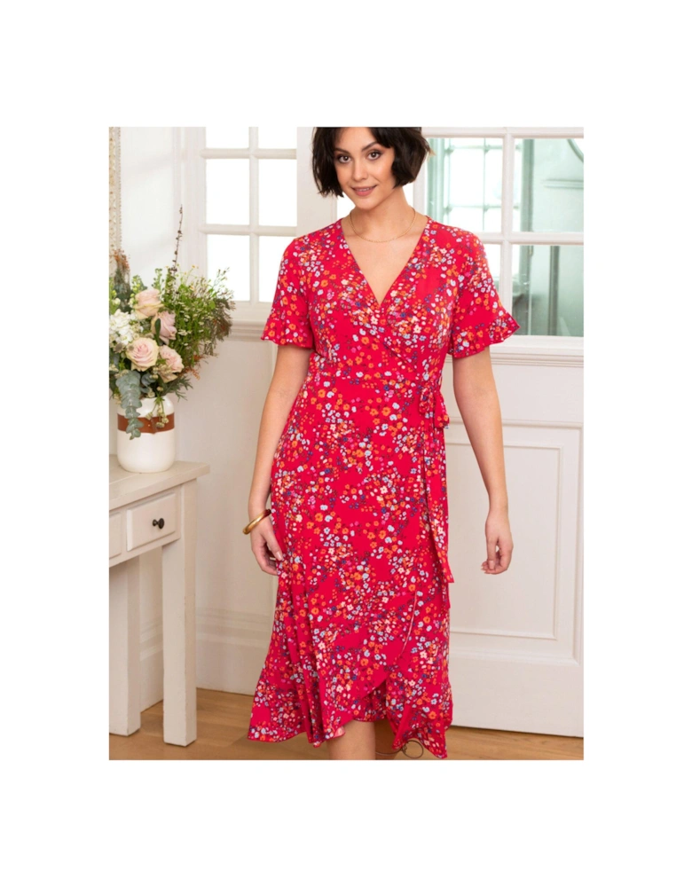 Megan Slinky Jersey Frill Detail Midi Wrap Dress - Floral