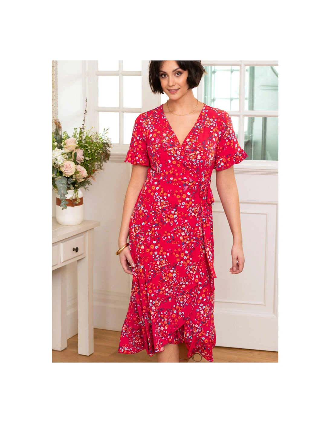 Megan Slinky Jersey Frill Detail Midi Wrap Dress - Floral, 2 of 1