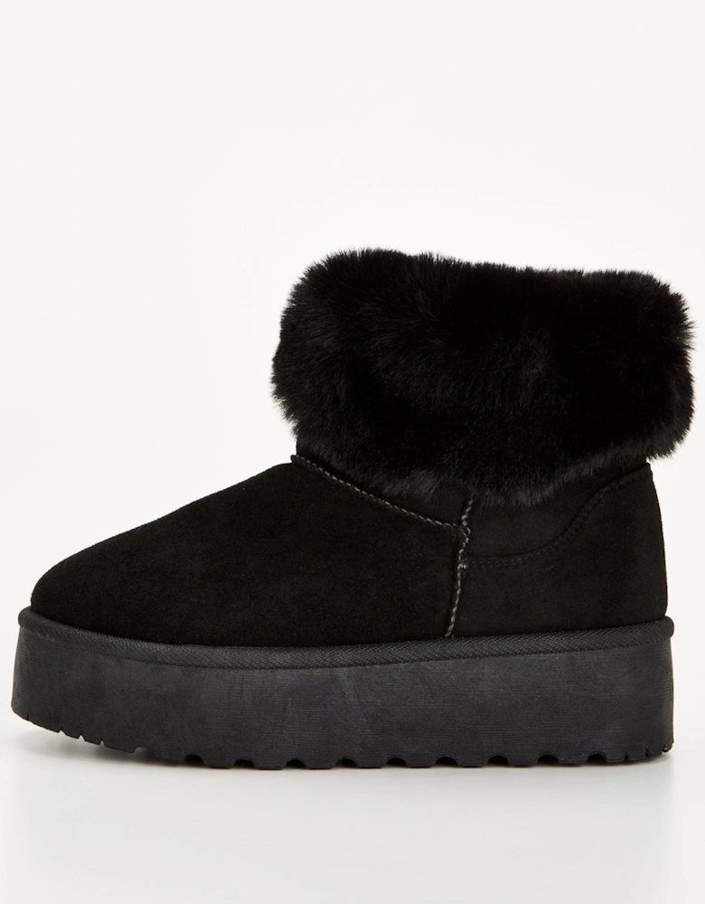 Wide Fit Flatform Faux Suede Ankle Boot With Faux Fur Collar - Black
