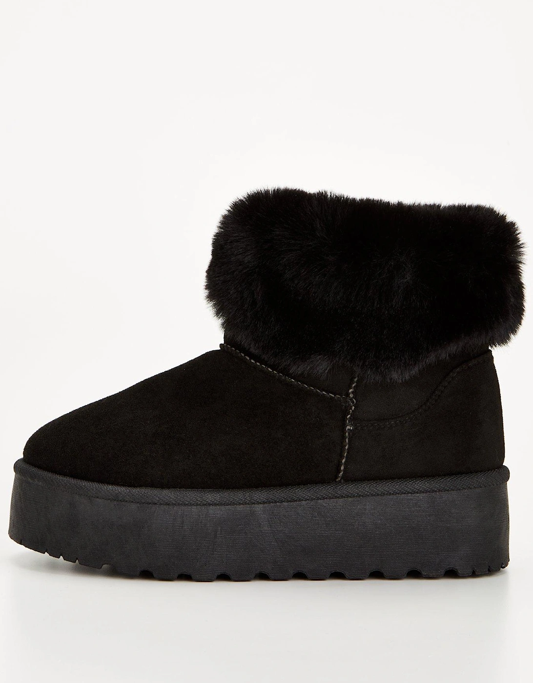 Wide Fit Flatform Faux Suede Ankle Boot With Faux Fur Collar - Black, 2 of 1