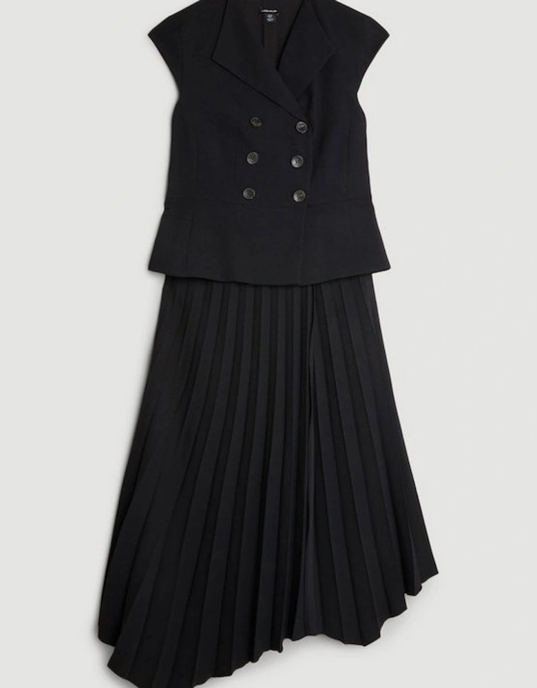 Clean Tailored Cap Sleeve Belted Asymmetric Pleated Midi Dress