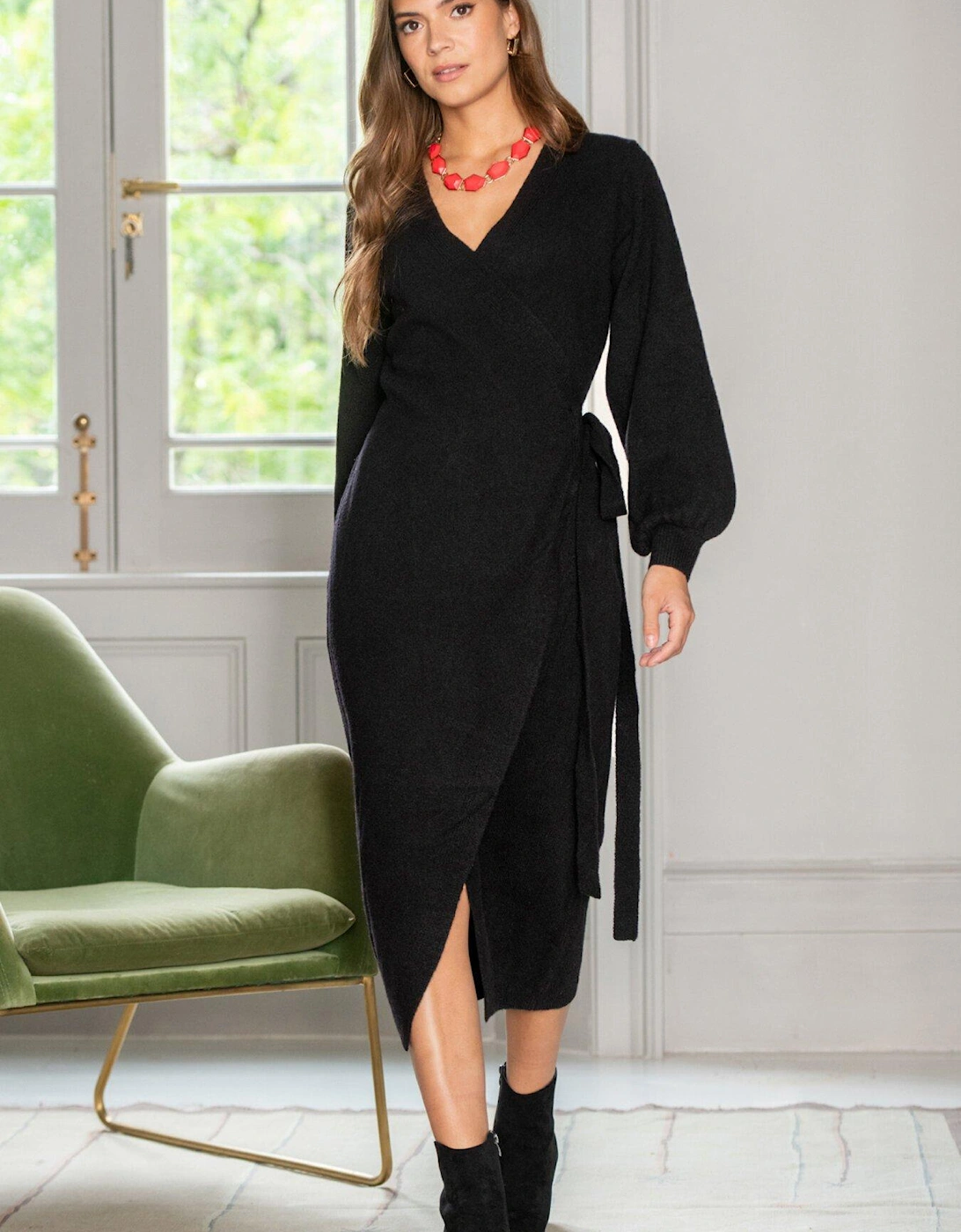 Elle Knit Midi Wrap Dress - Black, 2 of 1
