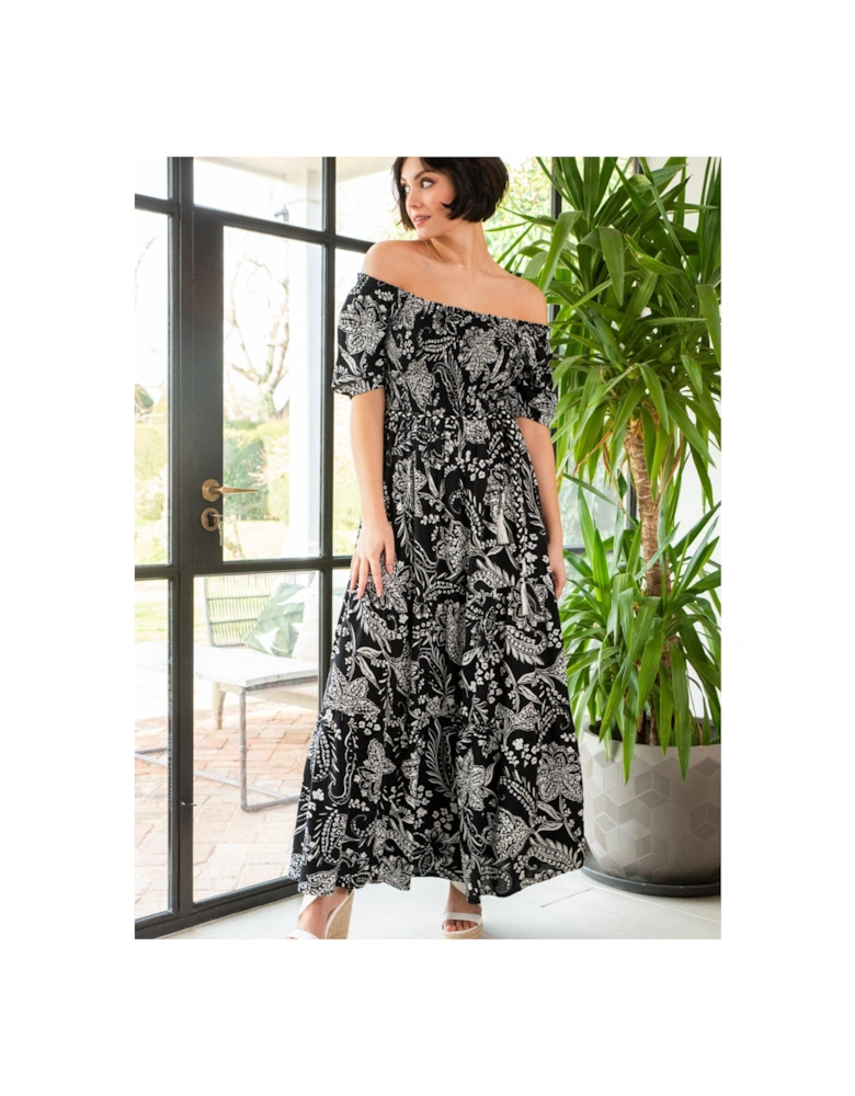 Sadie Shirred Bodice Woven Short Sleeve Maxi Dress - Black/White