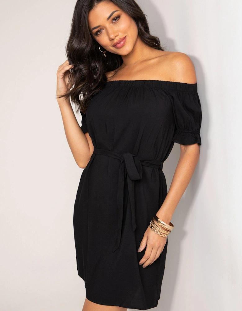 Woven Puff Sleeve Belted Bardot Dress - Black