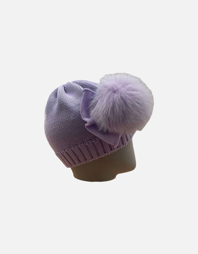 Girls Lilac Marino Wool Fur Pom & Bow Hat