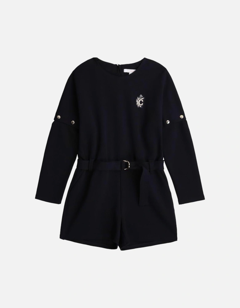 Girls Navy Embroidered Logo Playsuit