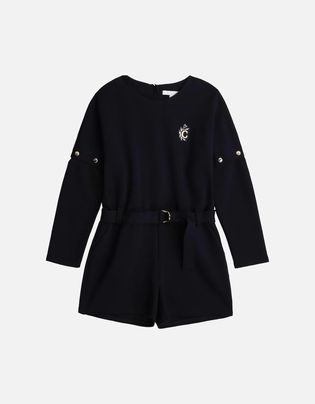 Girls Navy Embroidered Logo Playsuit, 2 of 1