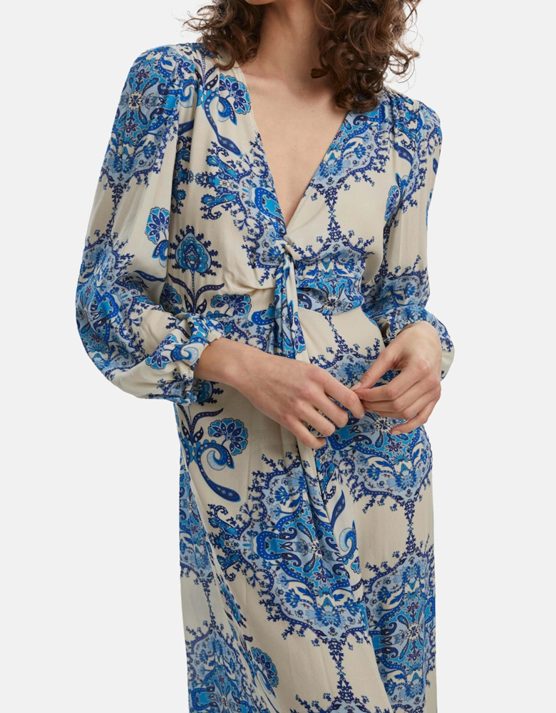 Printed Knot Midi Dress Blue