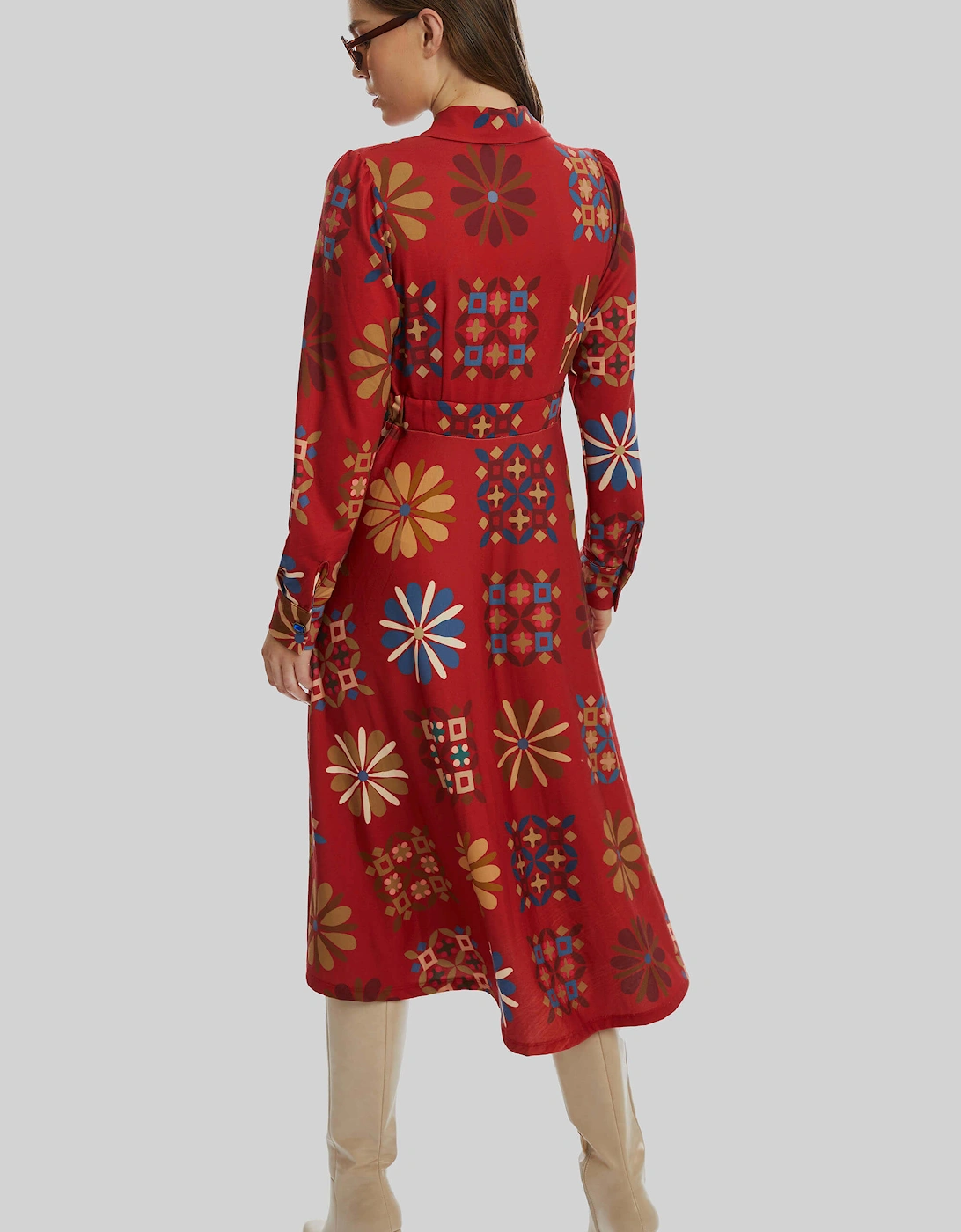 Jewelled Button Print Midi Dress Red