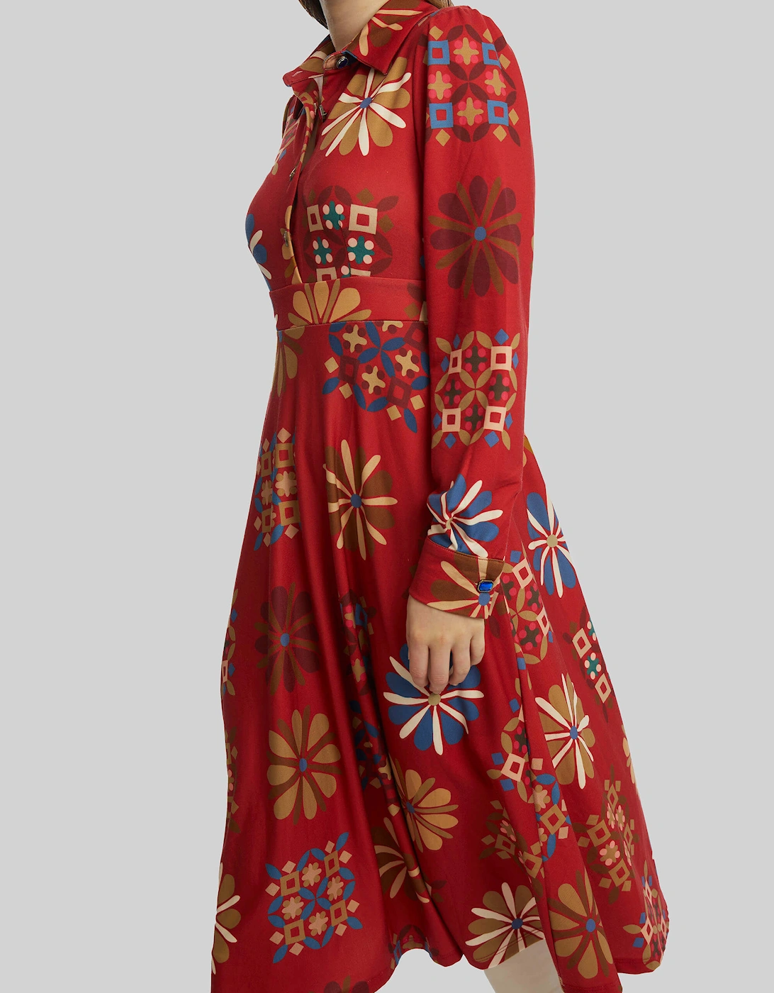 Jewelled Button Print Midi Dress Red