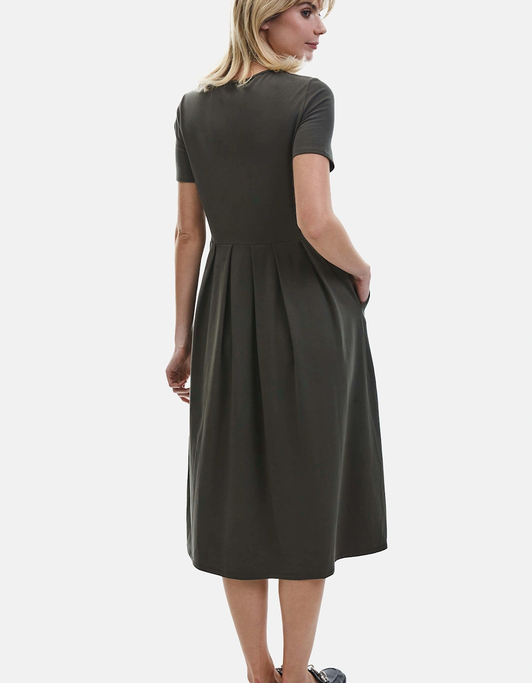 Pin Tuck Pocket Midi Dress Military Green