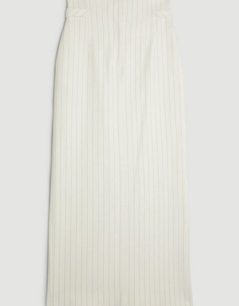 Tailored Compact Stretch Pinstripe High Waist Tab Detail Maxi Skirt