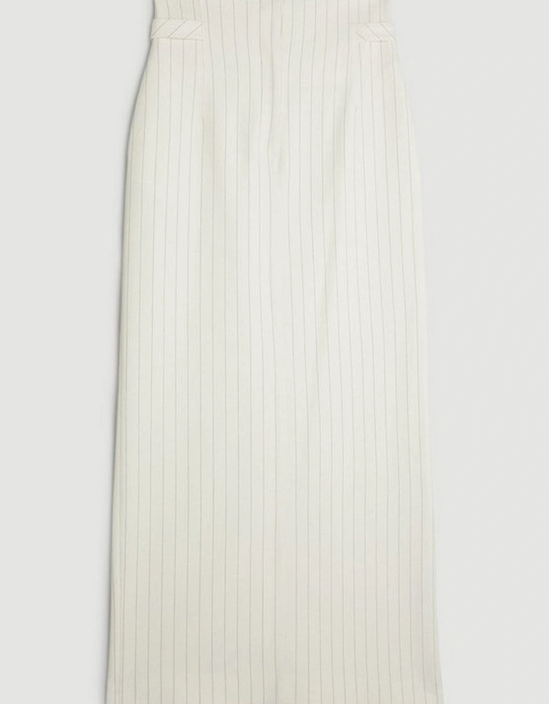 Tailored Compact Stretch Pinstripe High Waist Tab Detail Maxi Skirt