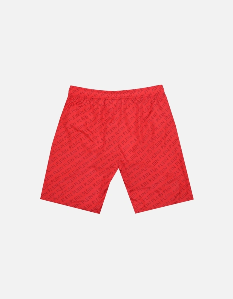 Repetitive Logo Long Red Swim Shorts